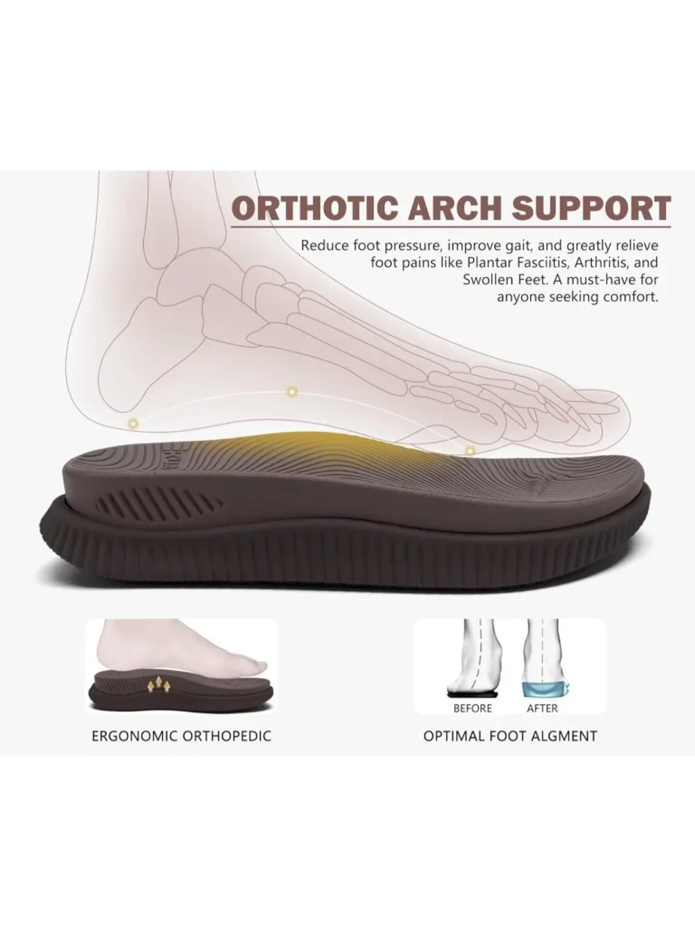 Men's Brown Orthotic Cushion Flip Flops Athletic Recovery Foam Walking Sandals